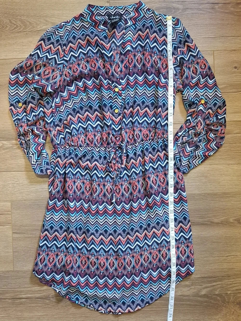 Justify Chevron Aztec Print Drawstring Shirt Dress - Navy, Coral, White